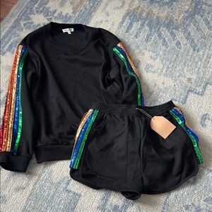 Black Sequin Stripe Sweatshirt and Shorts Set